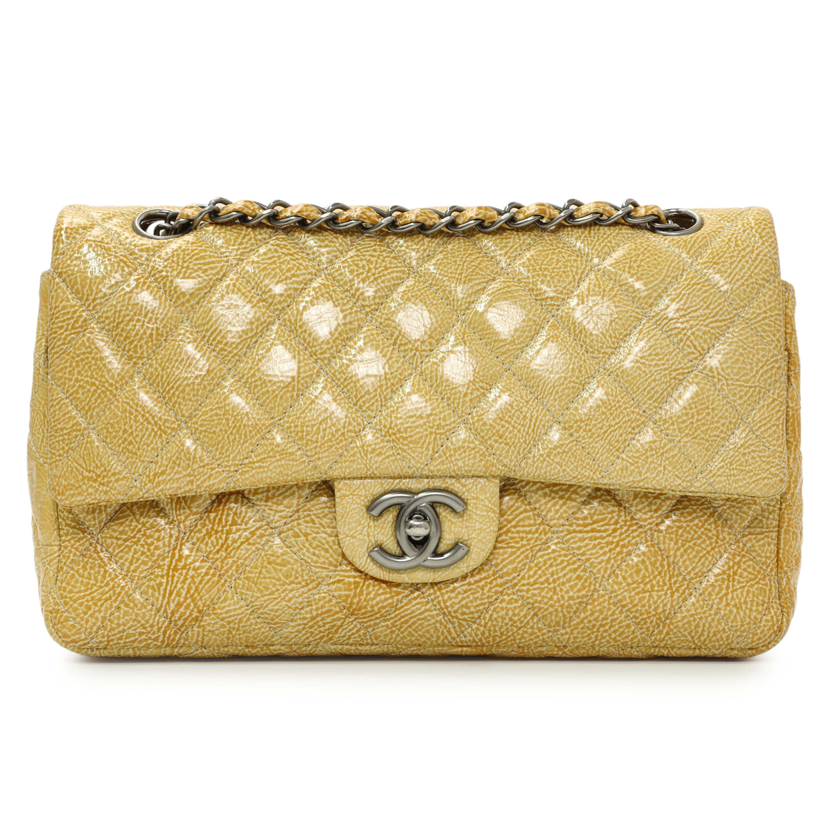Chanel Beige Crinkled Patent Medium Double Flap Handbags Chanel