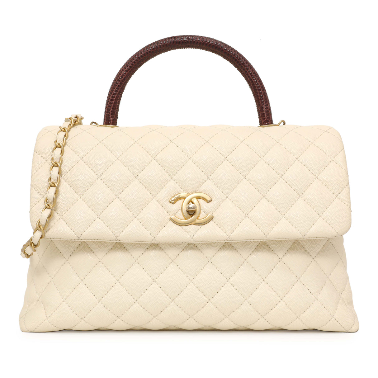 Chanel Ivory Quilted Caviar Lizard Medium Coco Handle Handbags Chanel