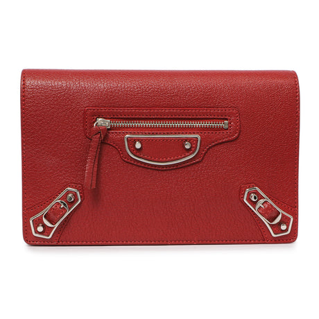 Balenciaga Rouge Groseille Chevre Metallic Edge Wallet on Chain