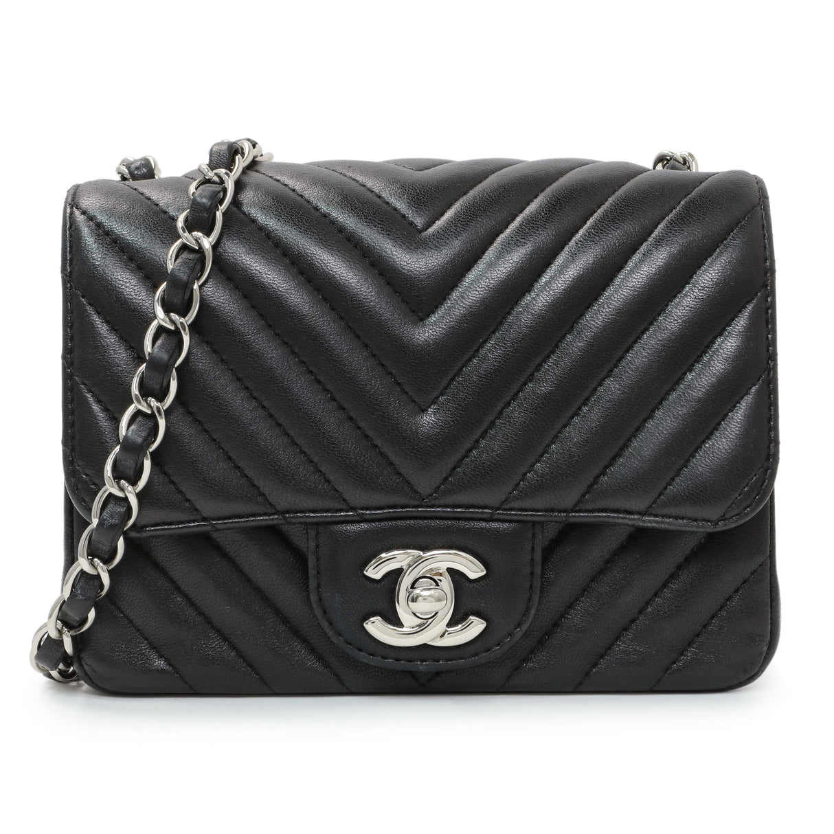 Chanel Black Lambskin Chevron Quilted Mini Square Flap Handbags Chanel