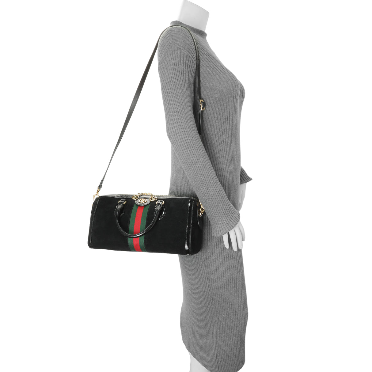 Gucci Black Suede Patent GG Web Medium Ophidia Boston Bag Handbags Gucci