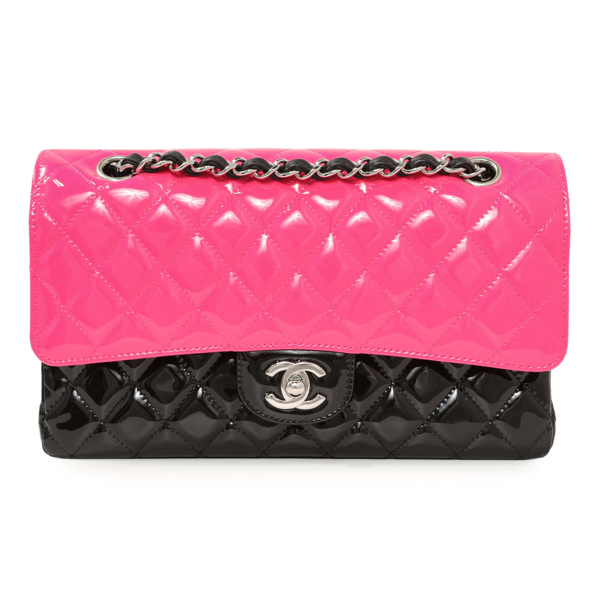 Chanel Black Pink Quilted Patent Medium Classic Double Flap Handbags Chanel