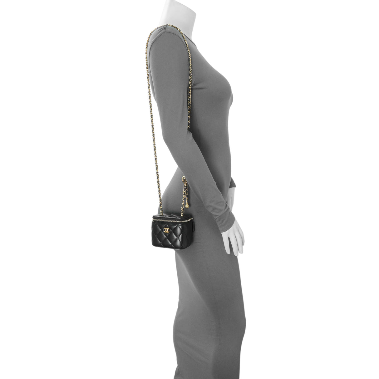 Chanel Black Lambskin Quilted Pearl Crush Mini Vanity Case With Chain Handbags Chanel