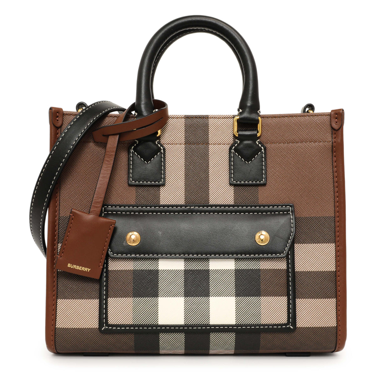 Burberry Dark Birch Brown E-Canvas Check Calfskin Mini Freya Tote Handbags Burberry