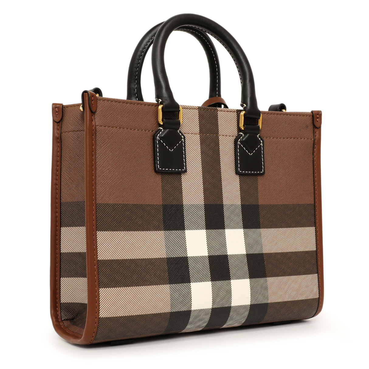 Burberry Dark Birch Brown E-Canvas Check Calfskin Mini Freya Tote Handbags Burberry