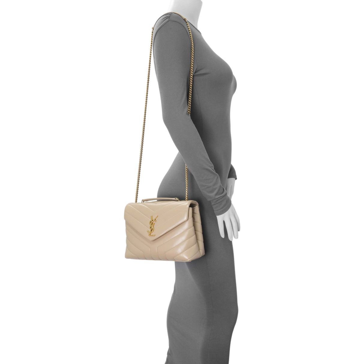 Saint Laurent Dark Beige Calfskin Loulou Chain Small Satchel Handbags Saint Laurent