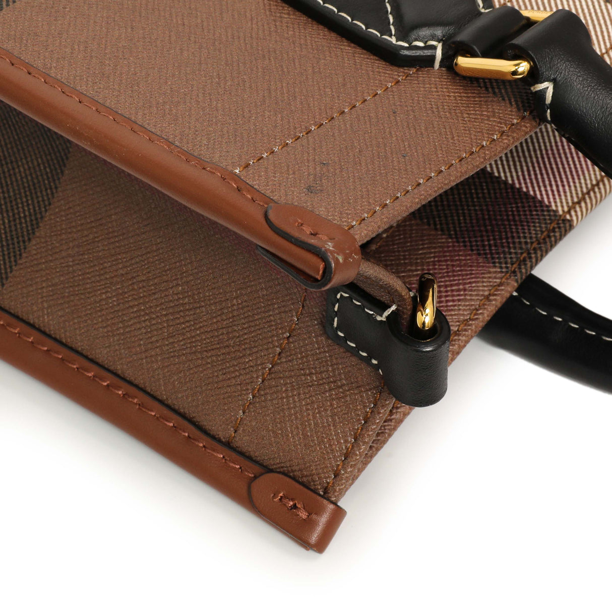 Burberry Dark Birch Brown E-Canvas Check Calfskin Mini Freya Tote Handbags Burberry