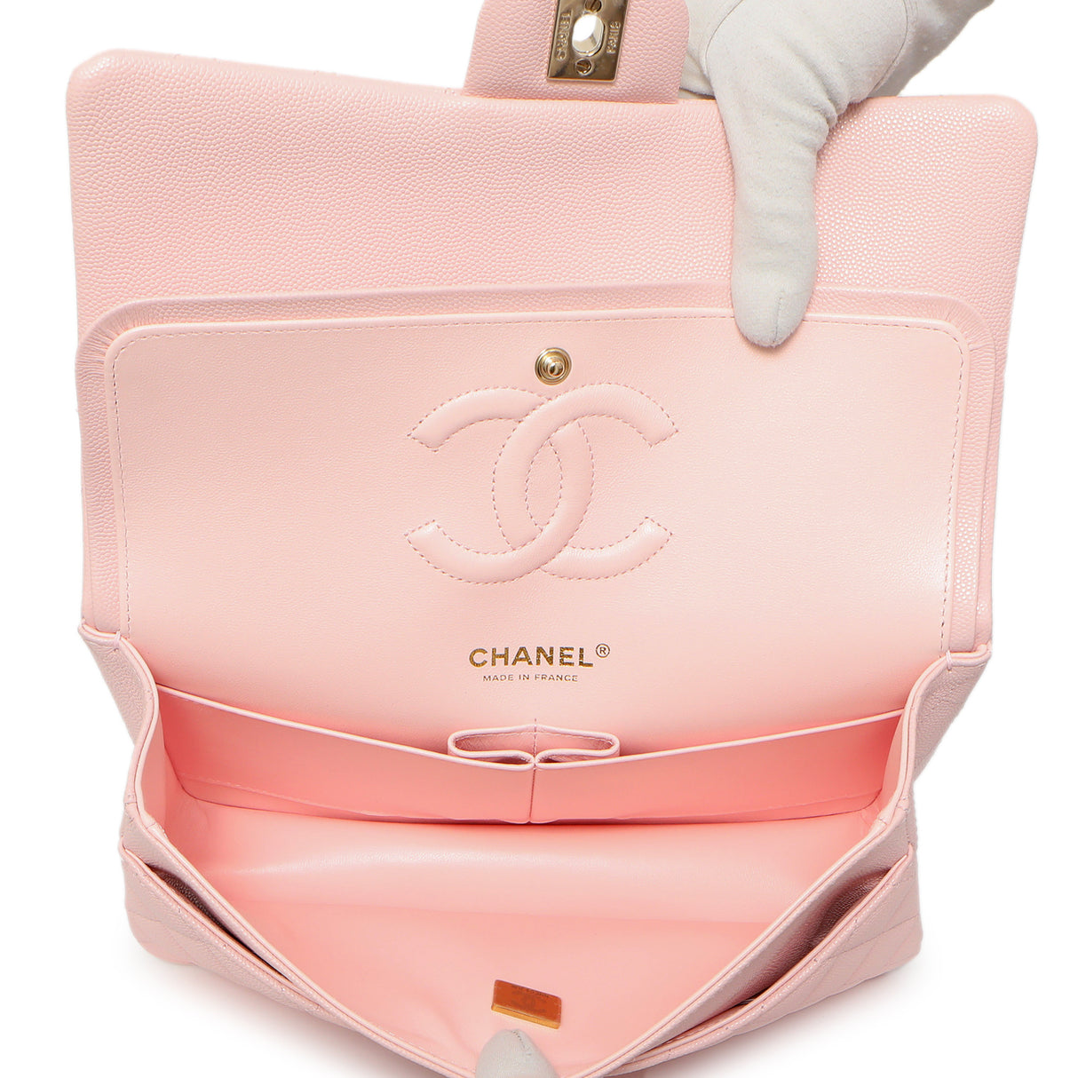 Chanel Pink Quilted Caviar Medium Classic Double Flap Handbags Chanel