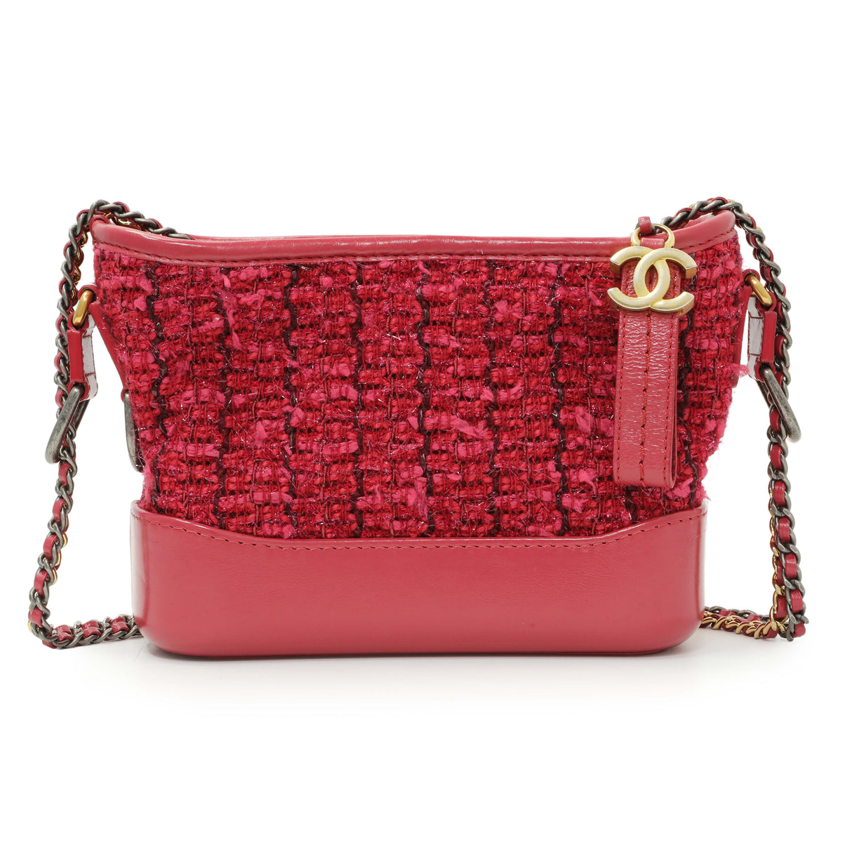 Chanel Pink Tweed Calfskin Quilted Small Gabrielle Hobo Handbags Chanel