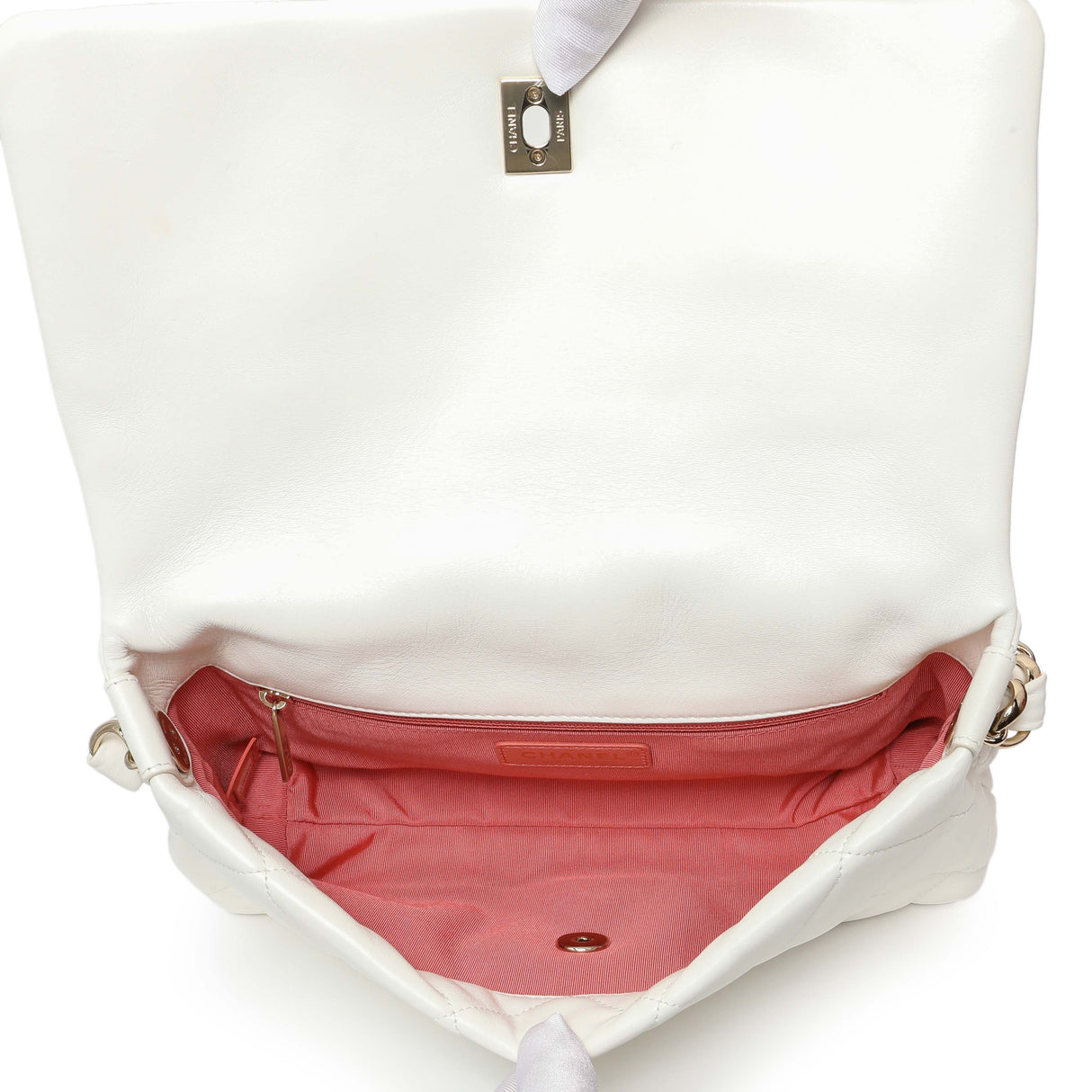 Chanel White Lambskin Woven Logo Chain Flap Handbags Chanel