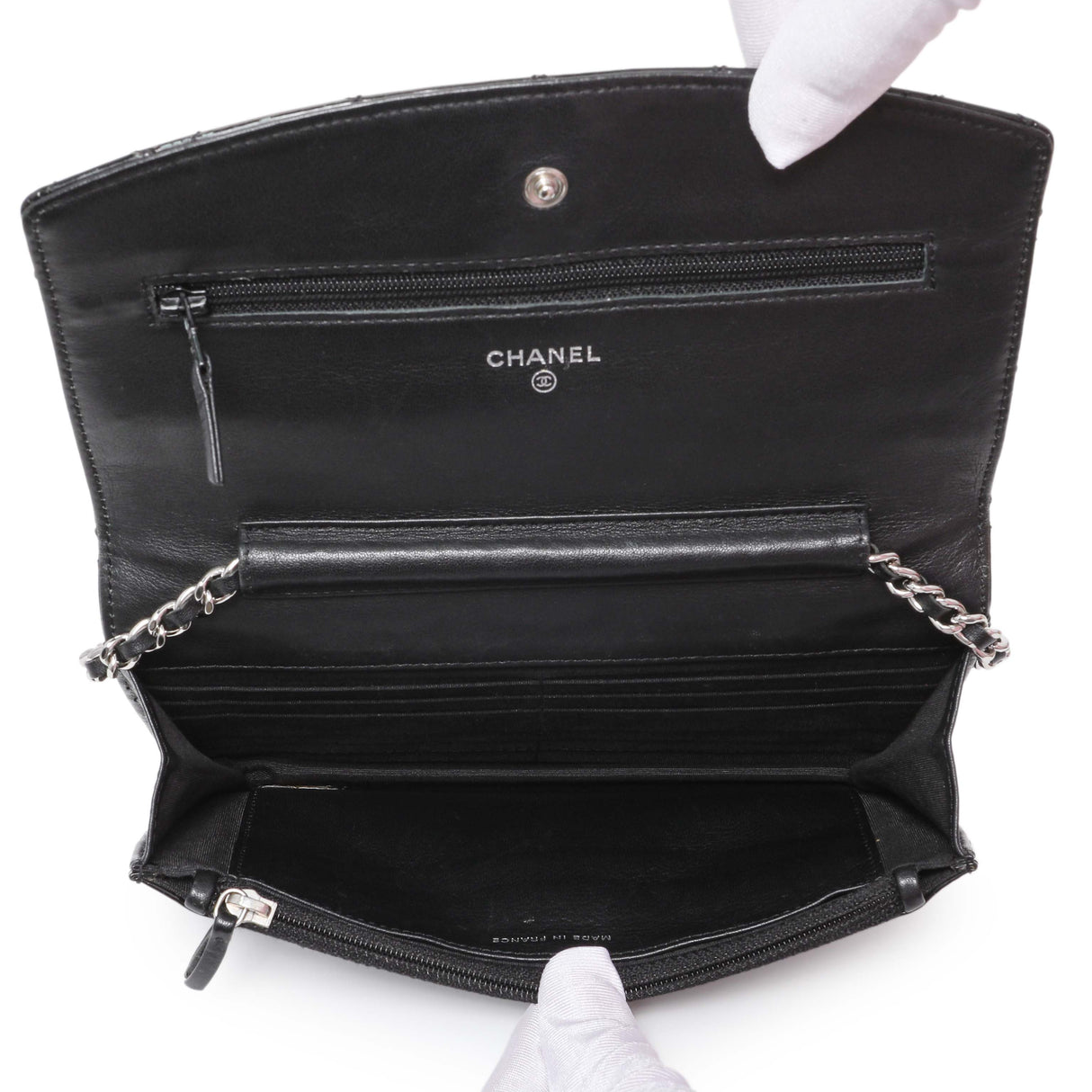 Chanel Black Quilted Patent Brilliant Wallet On Chain WOC Handbags Chanel