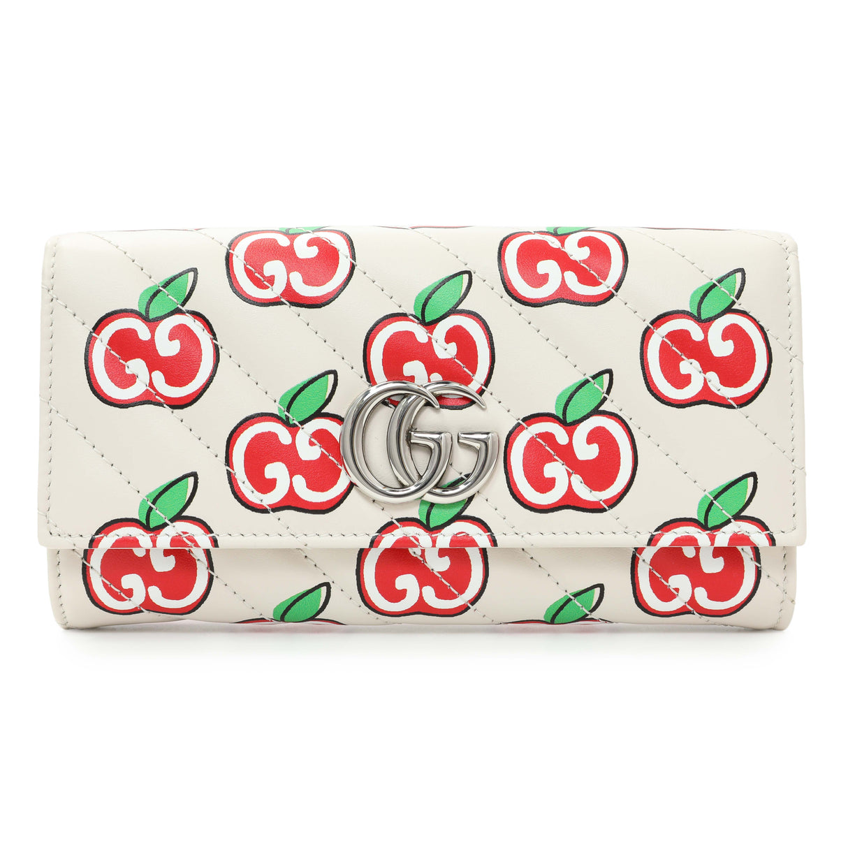 Gucci Ivory Calfskin Monogram Matelasse Diagonal GG Apple Marmont Continental Wallet Accessories Gucci