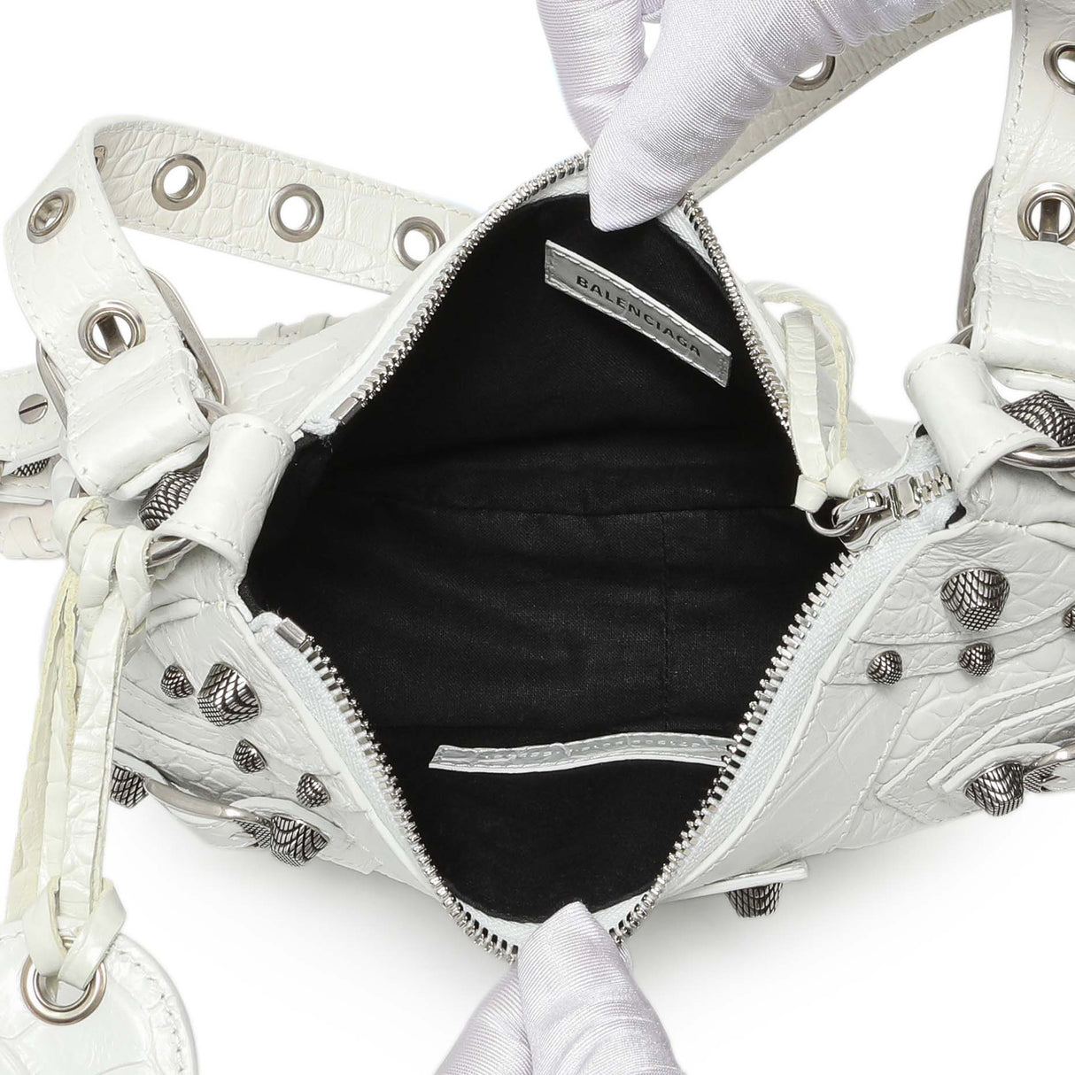 Balenciaga White Crocodile Embossed Calfskin Le Cagole Shoulder Bag XS Handbags Balenciaga