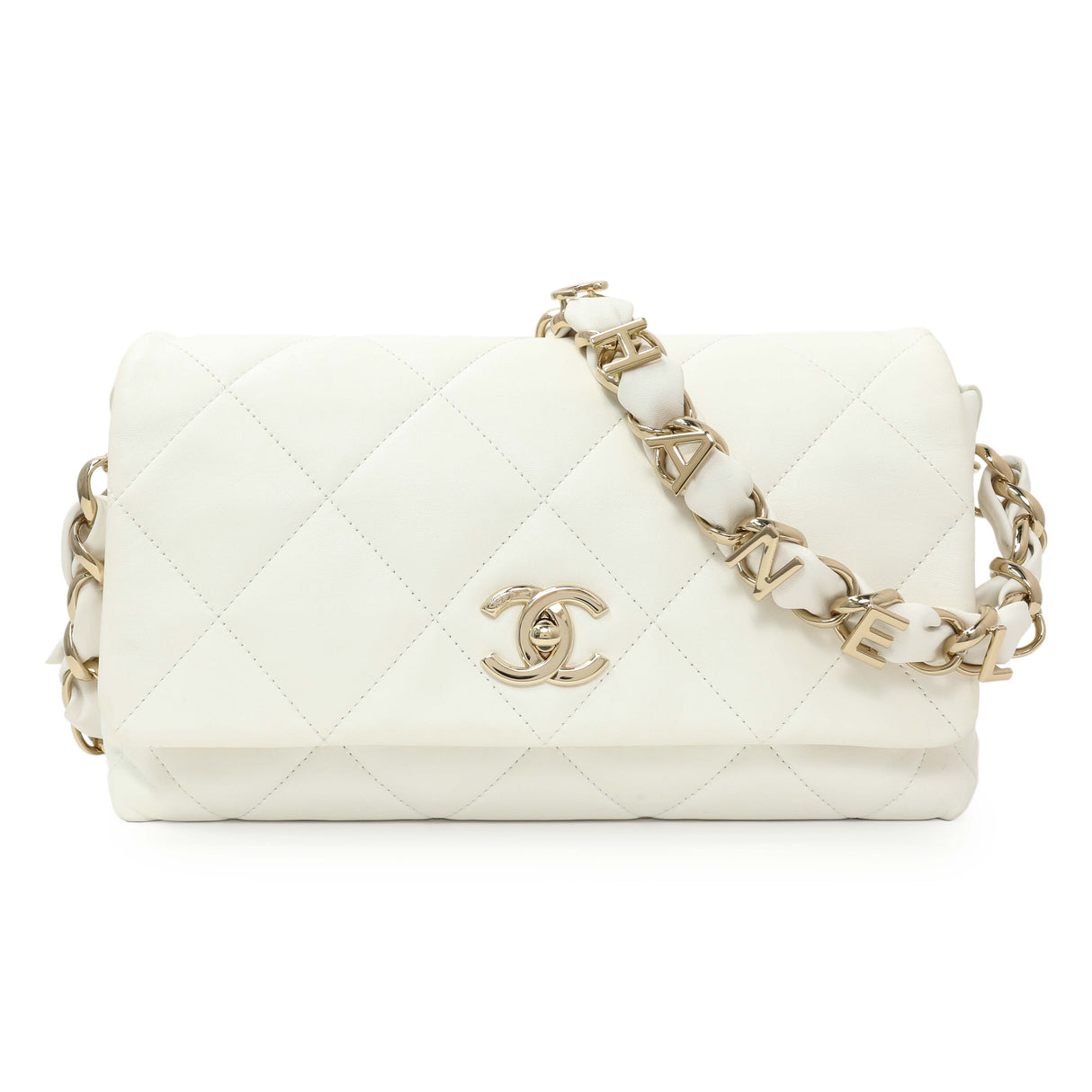 Chanel White Lambskin Woven Logo Chain Flap Handbags Chanel