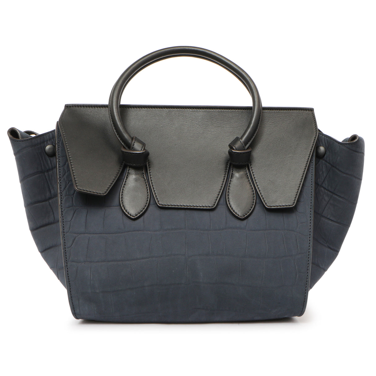Celine Navy Crocodile Embossed Nubuck Calfskin Small Tie Knot Tote Handbags Celine