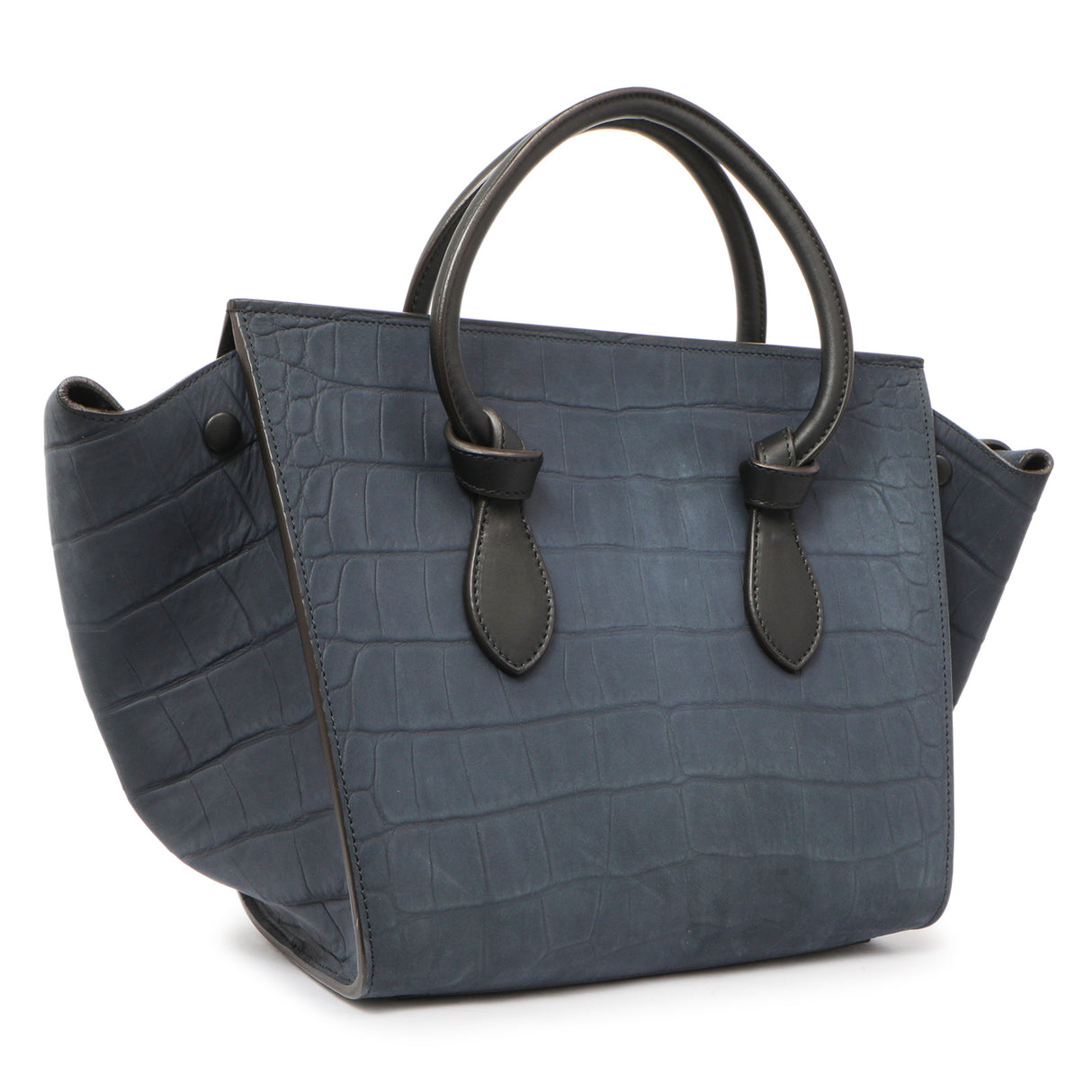 Celine Navy Crocodile Embossed Nubuck Calfskin Small Tie Knot Tote Handbags Celine