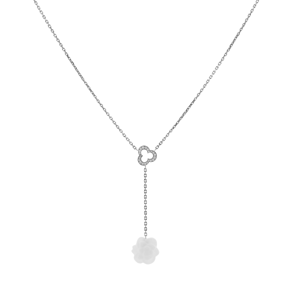Chanel 18K White Gold Diamond Agate Camelia Sculpte Pendant Necklace Designer Jewellery Chanel