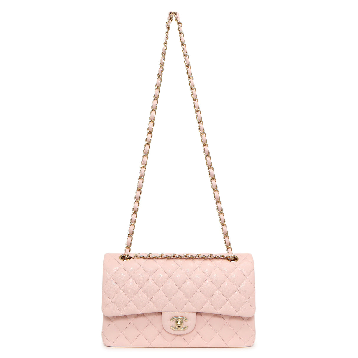 Chanel Pink Quilted Caviar Medium Classic Double Flap Handbags Chanel