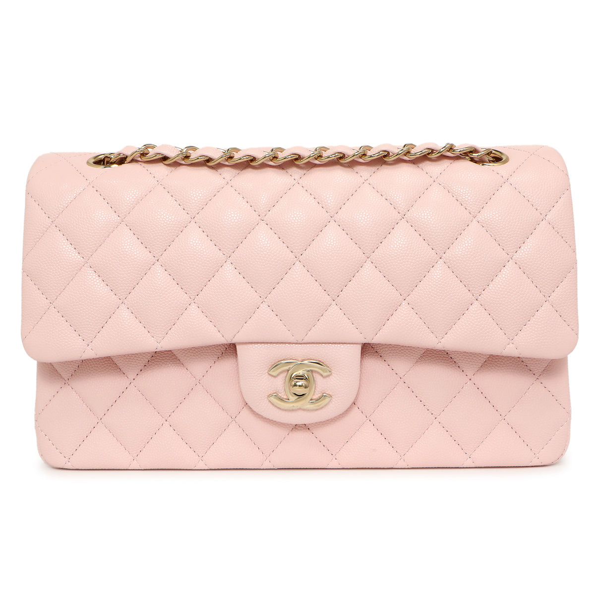 Chanel Pink Quilted Caviar Medium Classic Double Flap Handbags Chanel