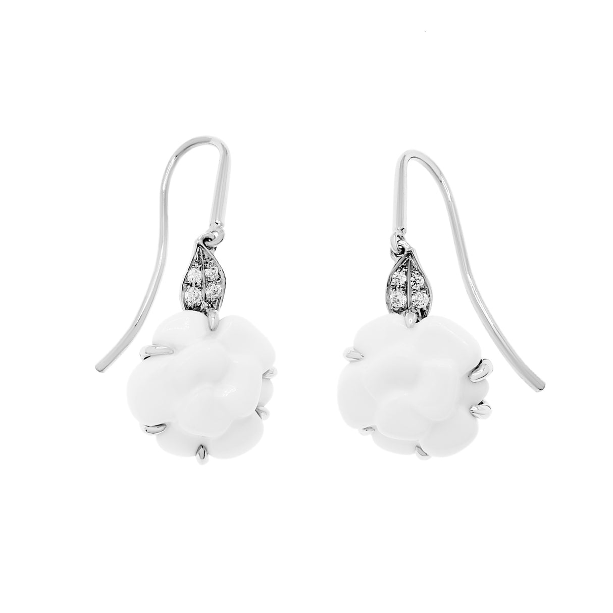 Chanel 18K White Gold Diamond Agate Camelia Sculpte Earrings Designer Jewellery Chanel