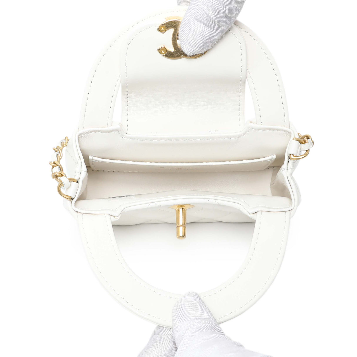 Chanel White Shiny Aged Calfskin Quilted Mini Nano Kelly Shopper Handbags Chanel