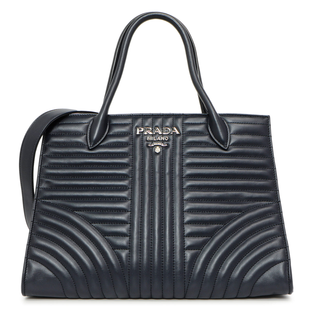 Prada Navy Soft Calfskin Impunture Diagramme Tote Handbags Prada