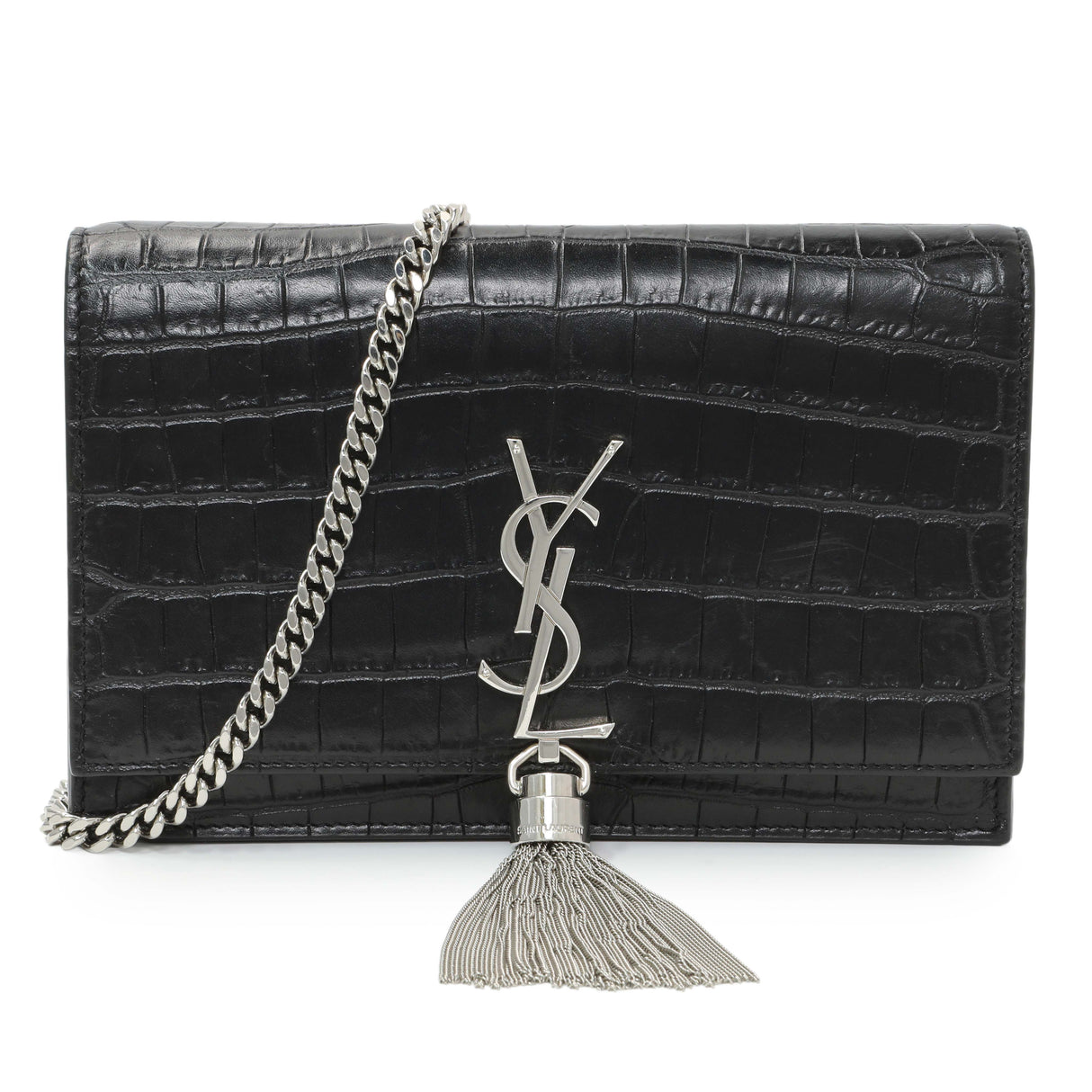 Saint Laurent Black Crocodile Embossed Calfskin Kate Monogram Tassel Chain Wallet Handbags Saint Laurent