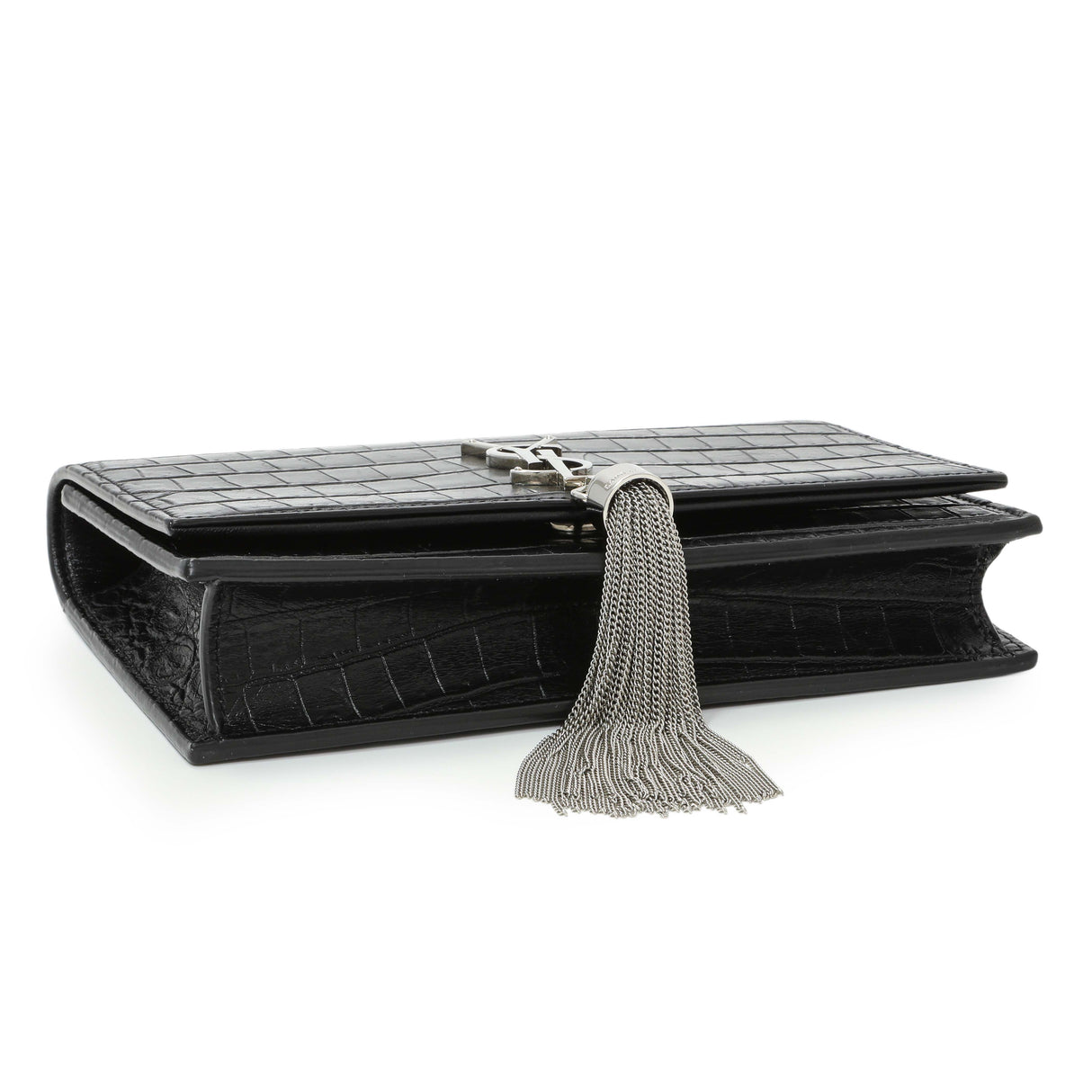 Saint Laurent Black Crocodile Embossed Calfskin Kate Monogram Tassel Chain Wallet Handbags Saint Laurent