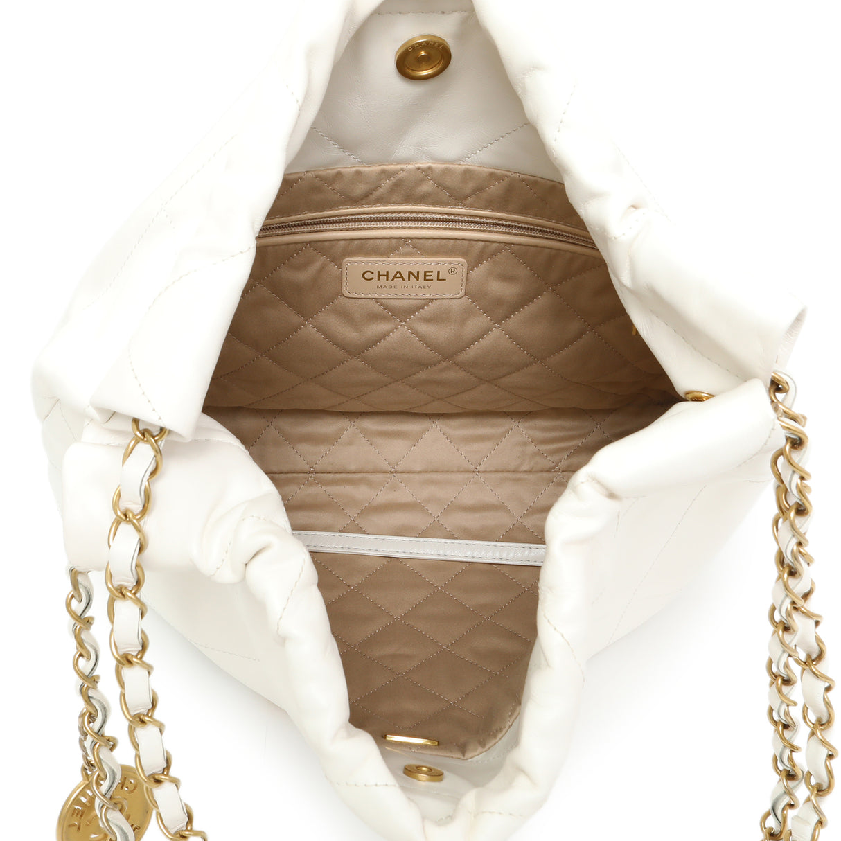 Chanel White Shiny Quilted Calfskin Small Chanel 22 Handbags Chanel