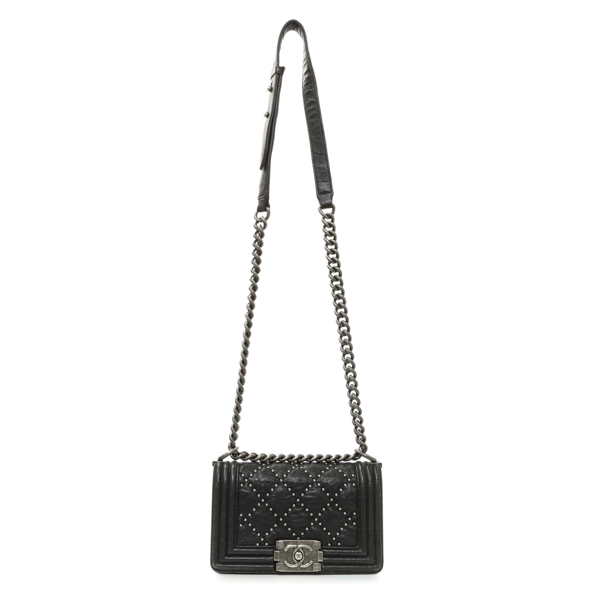 Chanel Black Crumpled Lambskin Small Studded Boy Bag Handbags Chanel