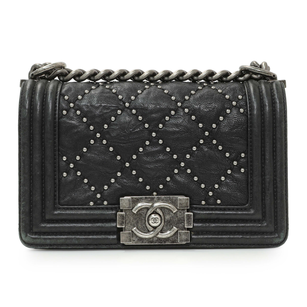 Chanel Black Crumpled Lambskin Small Studded Boy Bag Handbags Chanel