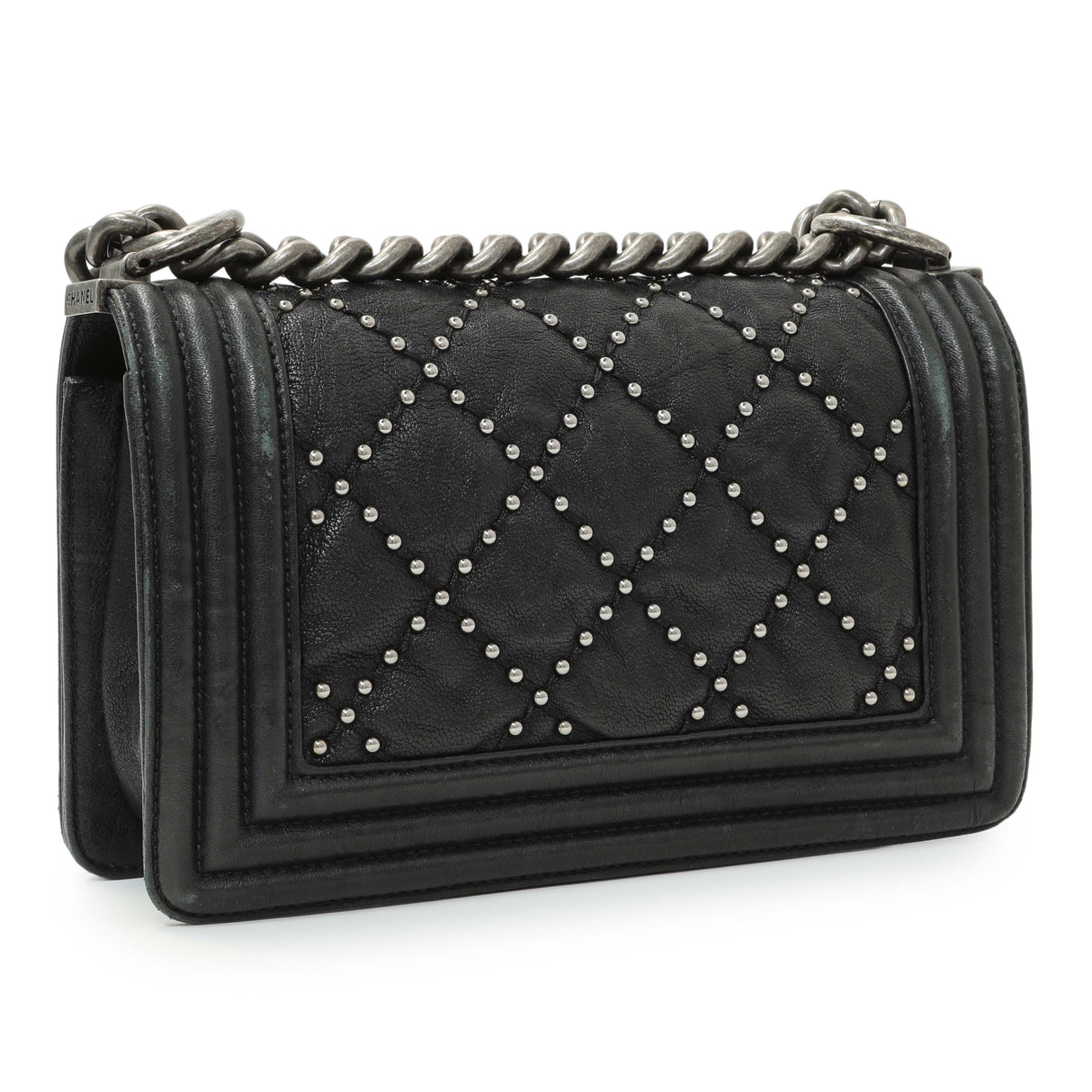 Chanel Black Crumpled Lambskin Small Studded Boy Bag Handbags Chanel