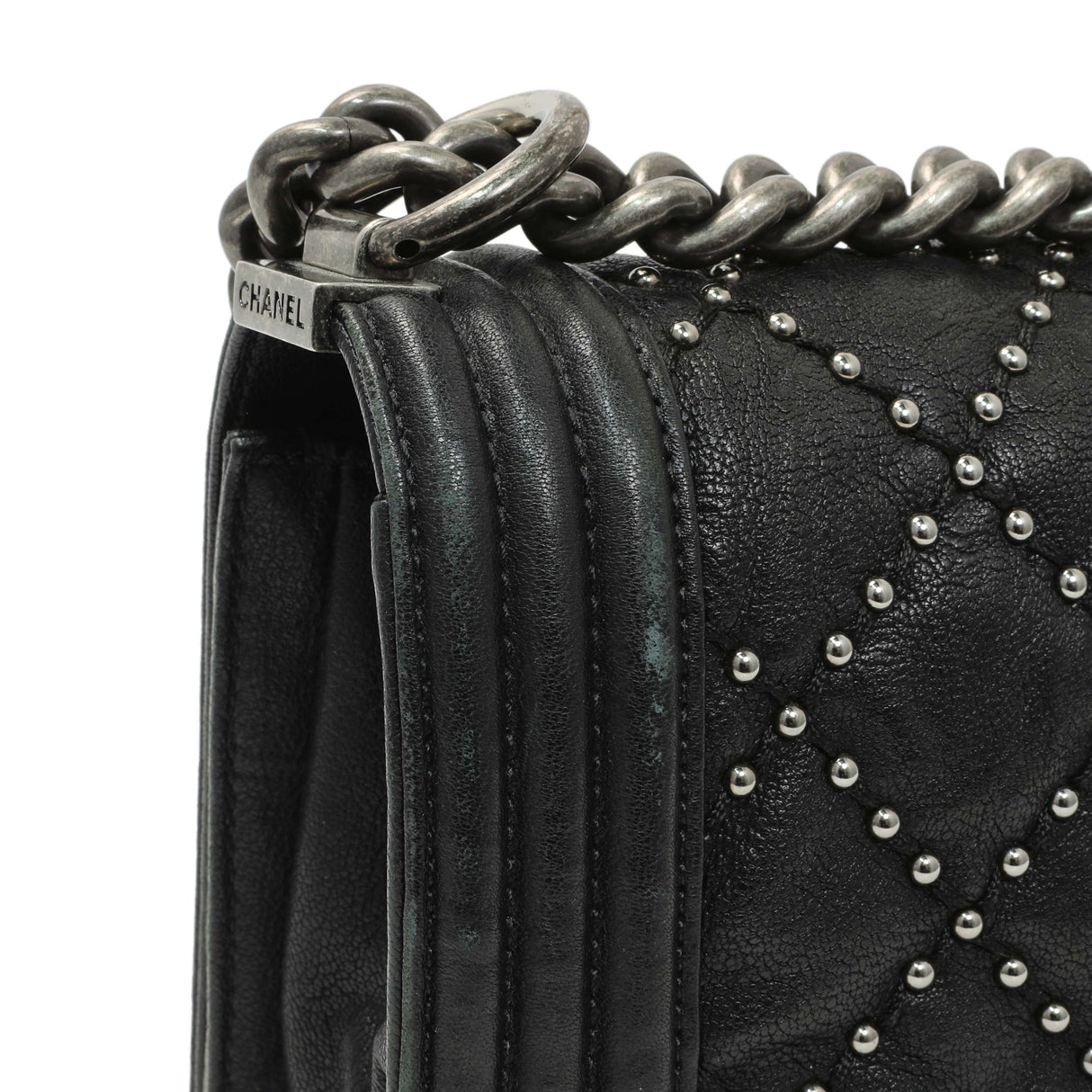 Chanel Black Crumpled Lambskin Small Studded Boy Bag Handbags Chanel