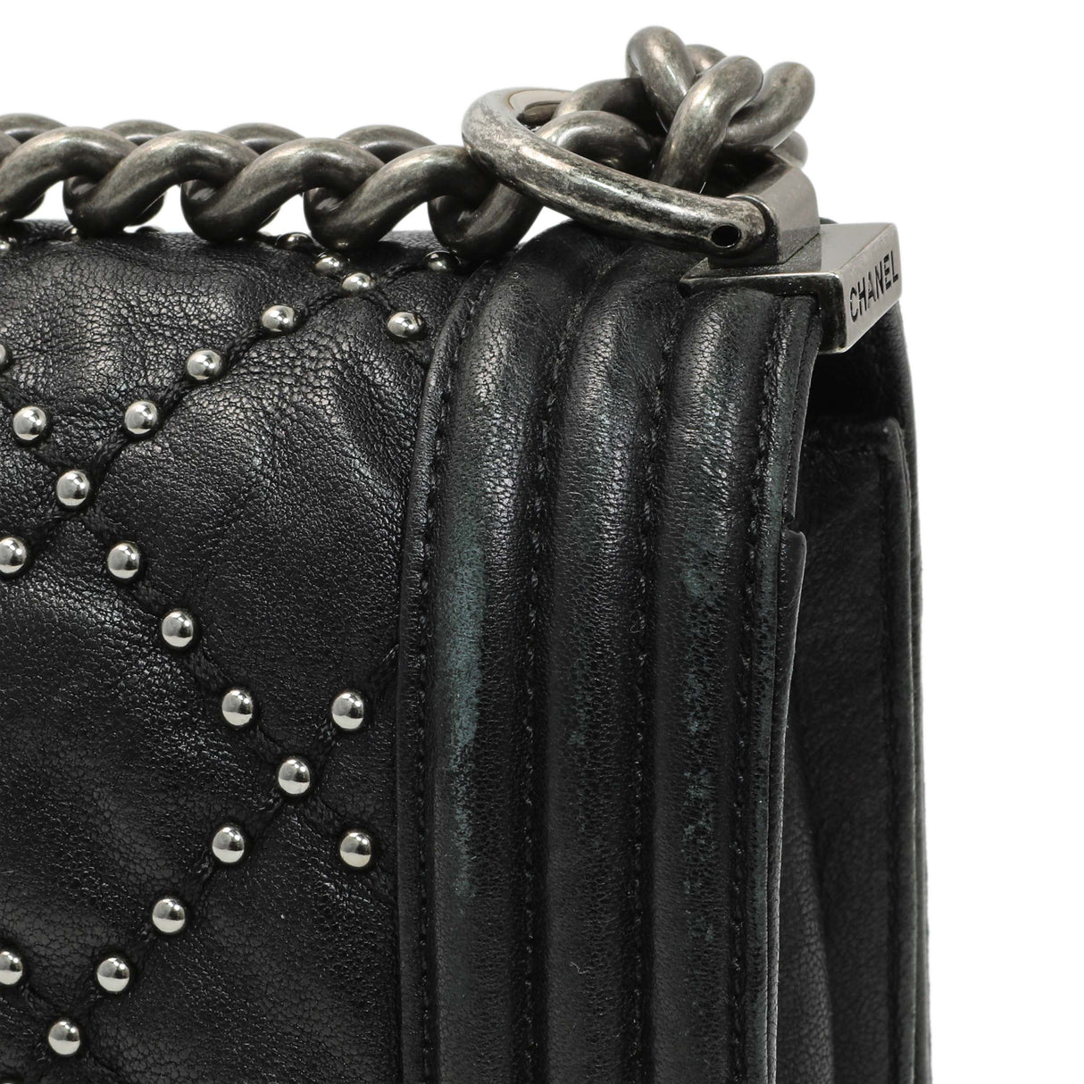 Chanel Black Crumpled Lambskin Small Studded Boy Bag Handbags Chanel