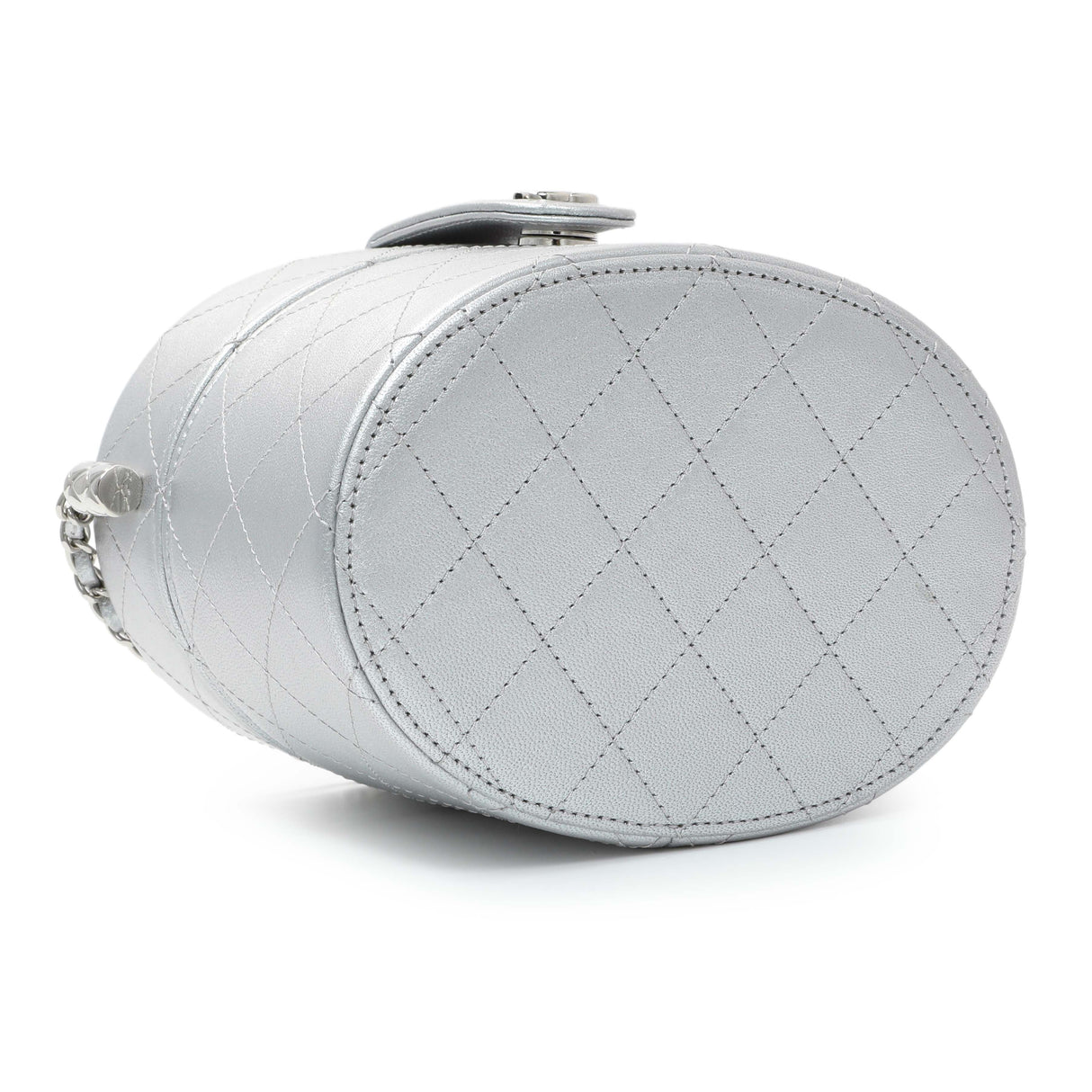 Chanel Silver Quilted Round Vanity Case With Chain Handbags Chanel