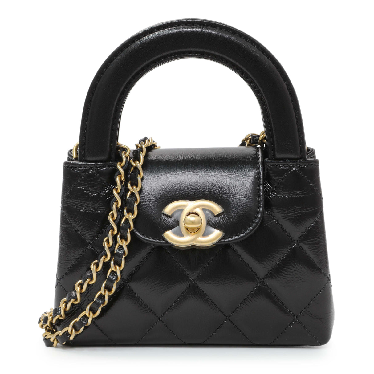 Chanel Black Shiny Aged Calfskin Quilted Mini Nano Kelly Shopper Handbags Chanel
