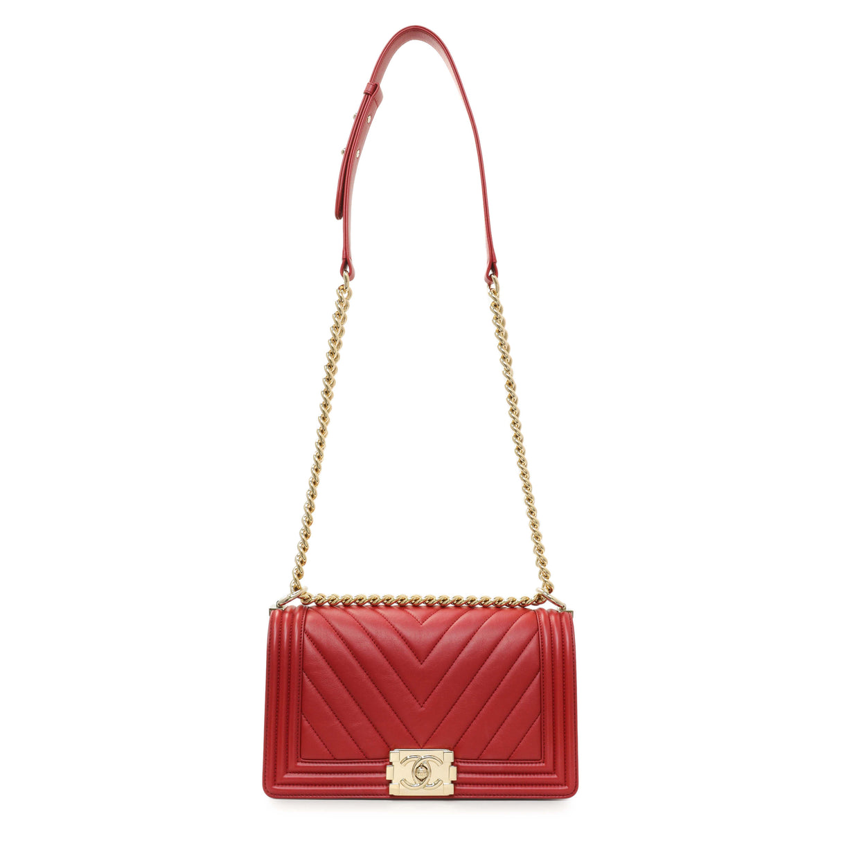 Chanel Red Chevron Quilted Lambskin Medium Boy Flap Handbags Chanel