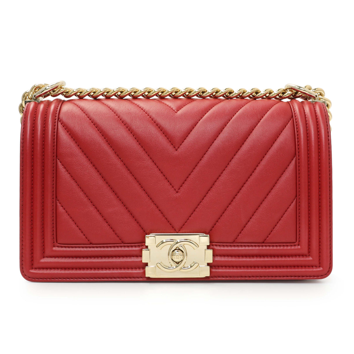 Chanel Red Chevron Quilted Lambskin Medium Boy Flap Handbags Chanel