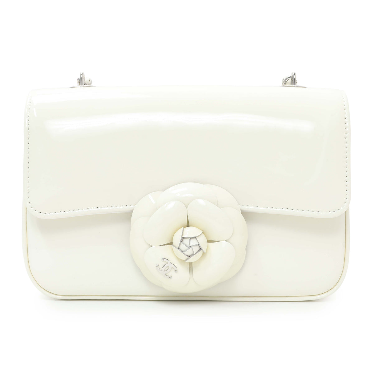 Chanel White Patent Calfskin Small Camellia Flap Handbags Chanel
