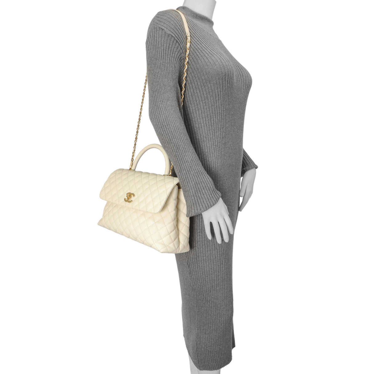 Chanel White Quilted Caviar Medium Coco Handle Handbags Chanel