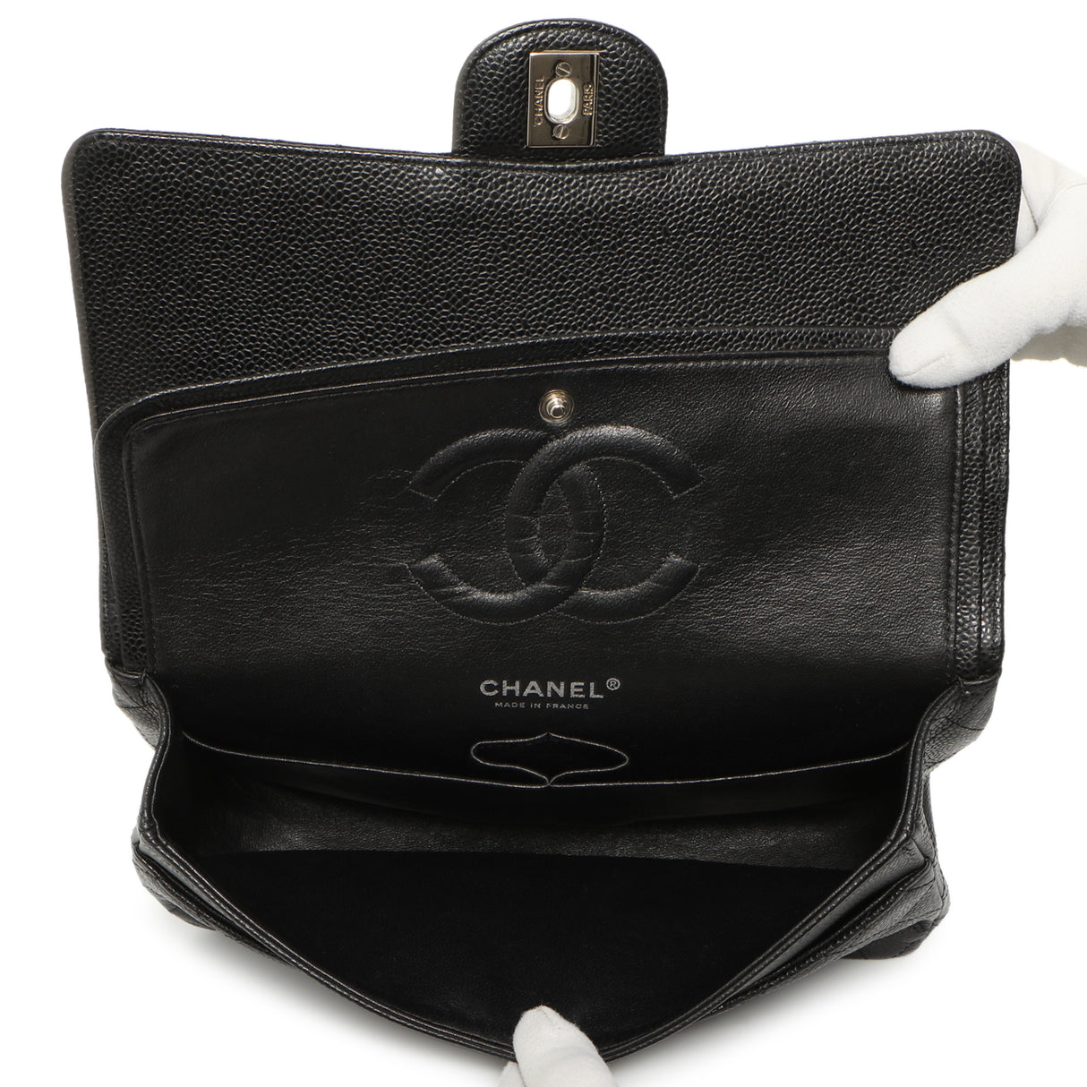 Chanel Black Quilted Caviar Medium Classic Double Flap Handbags Chanel