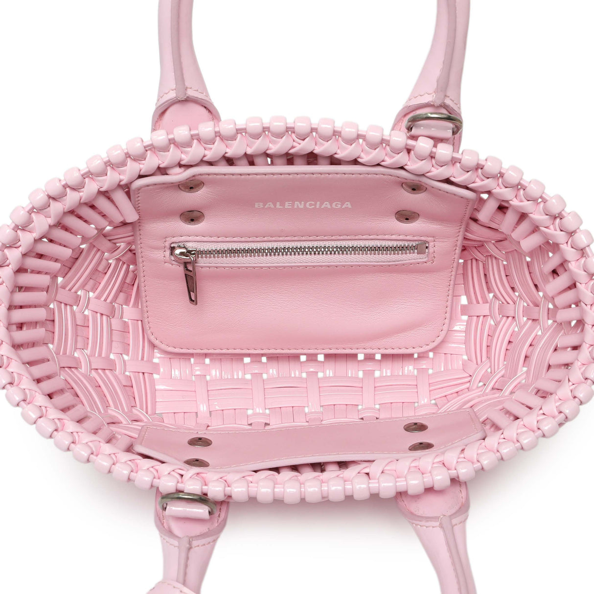 Balenciaga Pink Faux Calfskin Braided Varnished XXS Bistro Basket Handbags Balenciaga