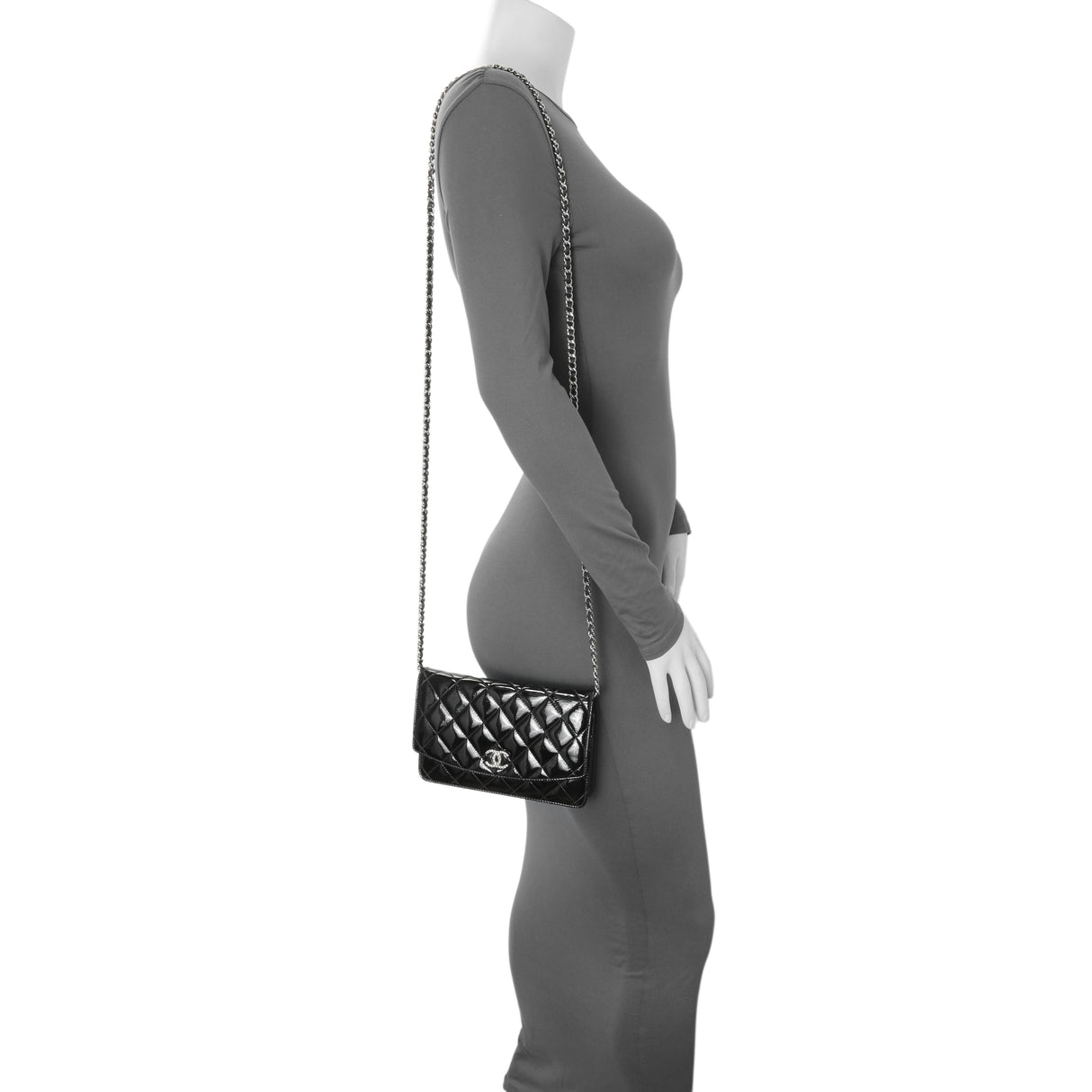 Chanel Black Quilted Patent Brilliant Wallet On Chain WOC Handbags Chanel