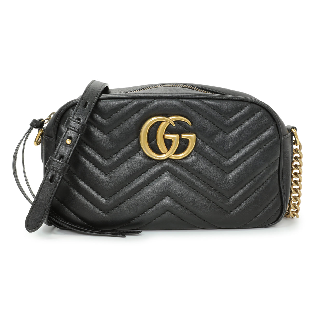 Gucci Black Calfskin Matelasse Small GG Marmont Chain Shoulder Bag Handbags Gucci