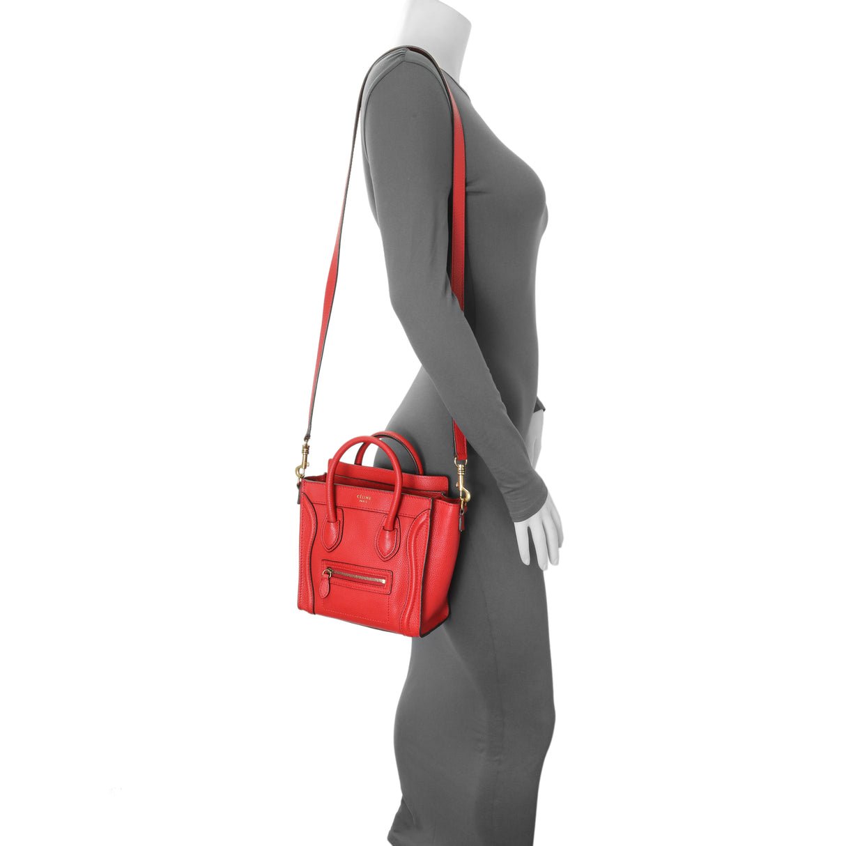 Celine Red Drummed Calfskin Nano Luggage Handbags Celine