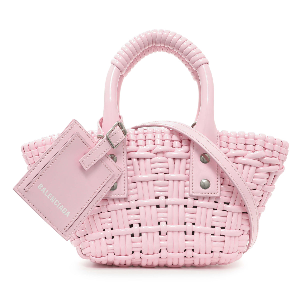 Balenciaga Pink Faux Calfskin Braided Varnished XXS Bistro Basket Handbags Balenciaga