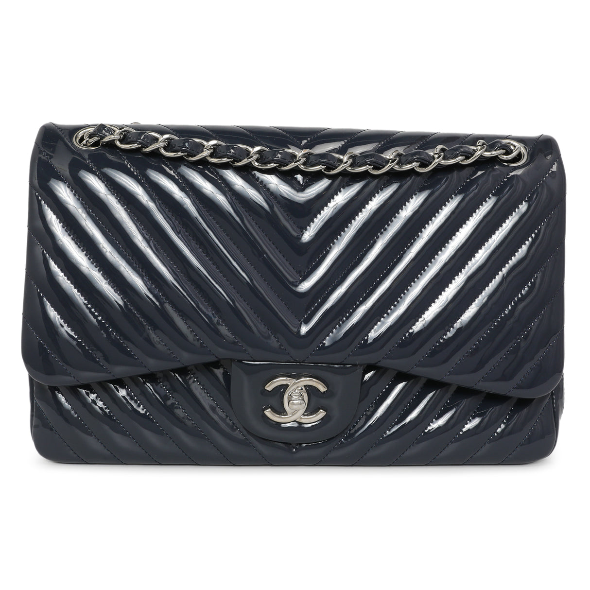 Chanel Blue Chevron Quilted Patent Jumbo Classic Double Flap Handbags Chanel