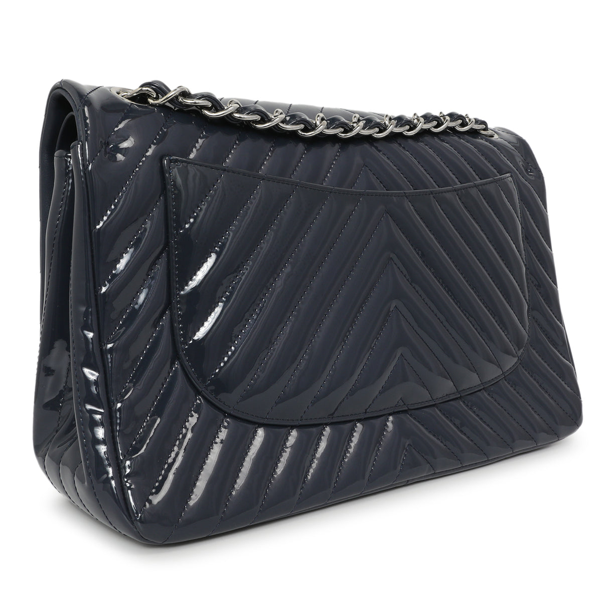 Chanel Blue Chevron Quilted Patent Jumbo Classic Double Flap Handbags Chanel