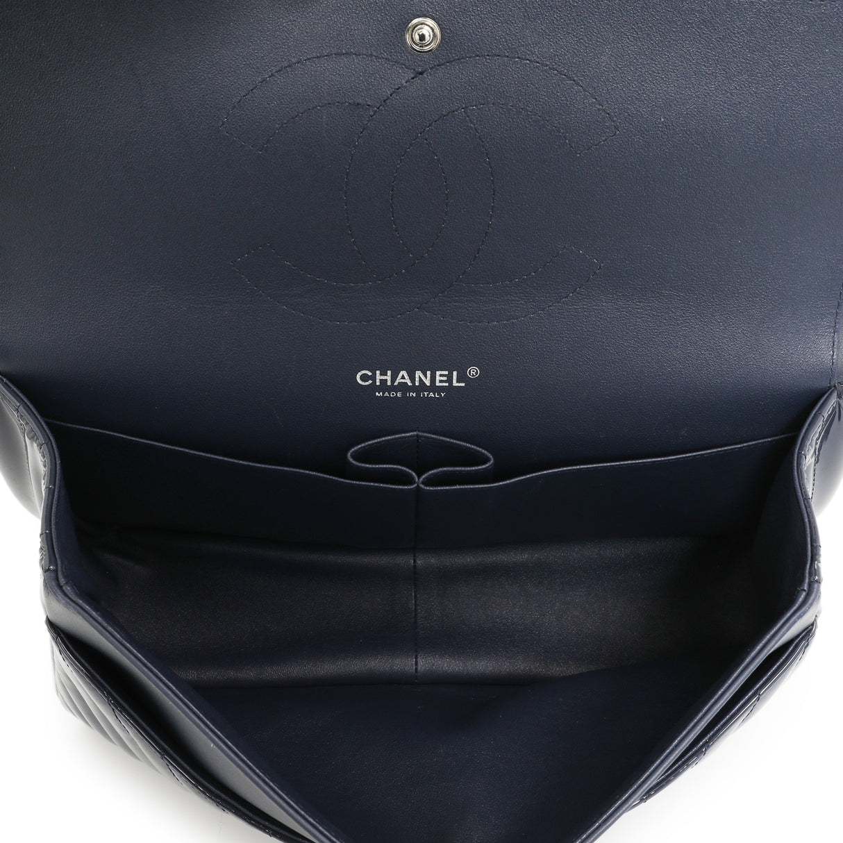 Chanel Blue Chevron Quilted Patent Jumbo Classic Double Flap Handbags Chanel