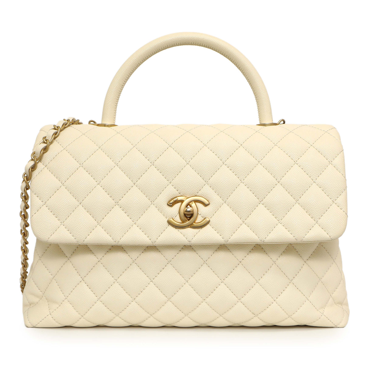 Chanel White Quilted Caviar Medium Coco Handle Handbags Chanel